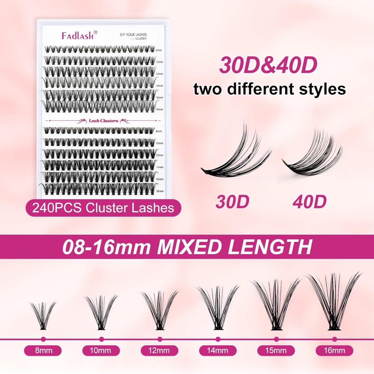 1732360528 FADLASH DIY Eyelash Extension Kit 240Pcs Lash Clusters with Bond and Seal Applicator Tool D Curl Thin Band Kit Easy to Apply 30D40D Kit Black Pack Of 1 30 g