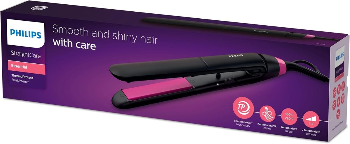 1732473449 Philips StraightCare Essential ThermoProtect straightener. 2 temperature settings. Temperature range up to 220°C. 3 pin BHS37503