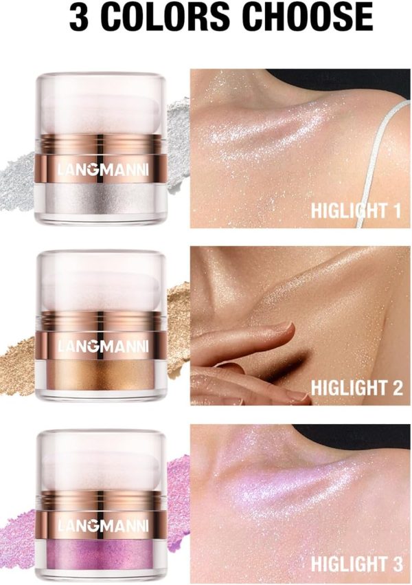 Azonee 3 Colors Highlighter Powder Shimmer Contour for Face Eyes Body Smooth Sparkling Glow 010203