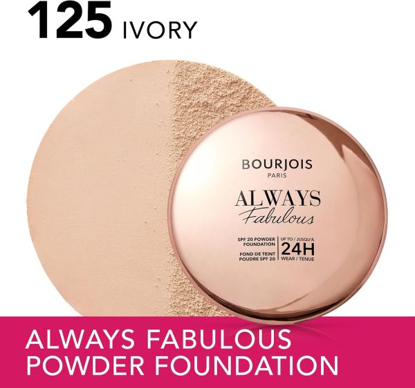 BOURJOIS PARIS Always Fabulous 125 Ivory Powder Foundation Lightweight Formula Long Lasting Wear Up To 24hrs SPF 20 Hyaluronic Acid Skin Like Matte Finish 7g 0.25oz