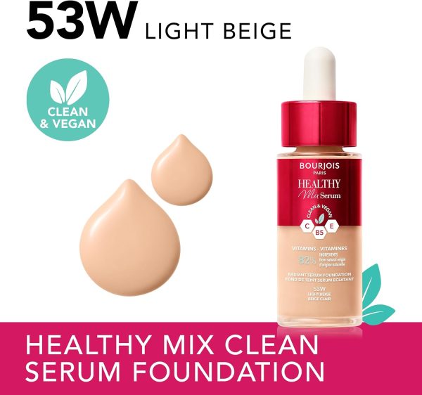 Bourjois Healthy Mix 53W Light Beige Serum Foundation Instant Radiance Up to 24 Hours of Hydration Vegan Formula Dewy Finish Lasts All Day 30ml 1oz