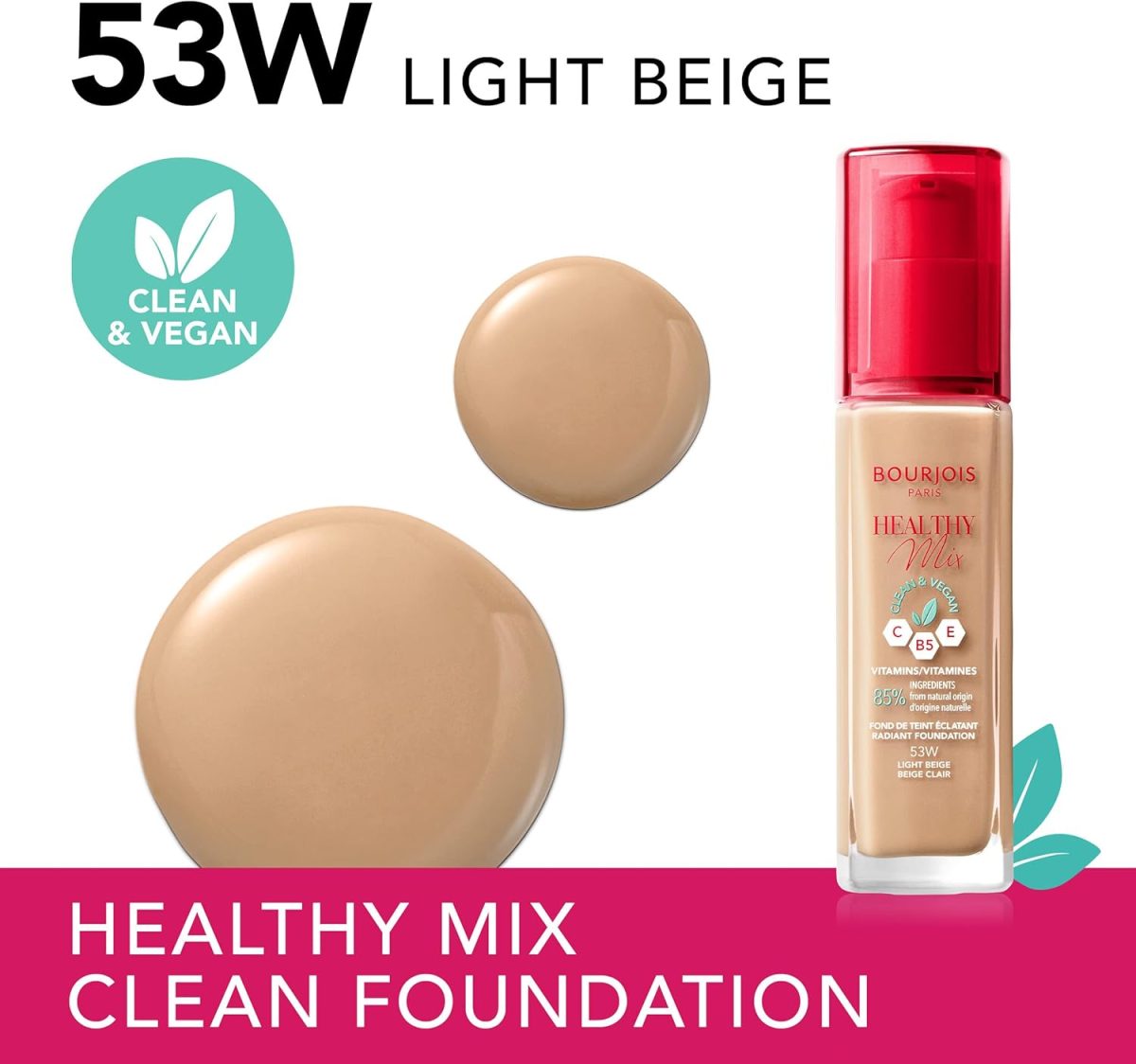 Bourjois Healthy Mix Clean Foundation – Liquid Foundation Vegan Formula Makeup – 53W Light Beige 30ml 1.1oz