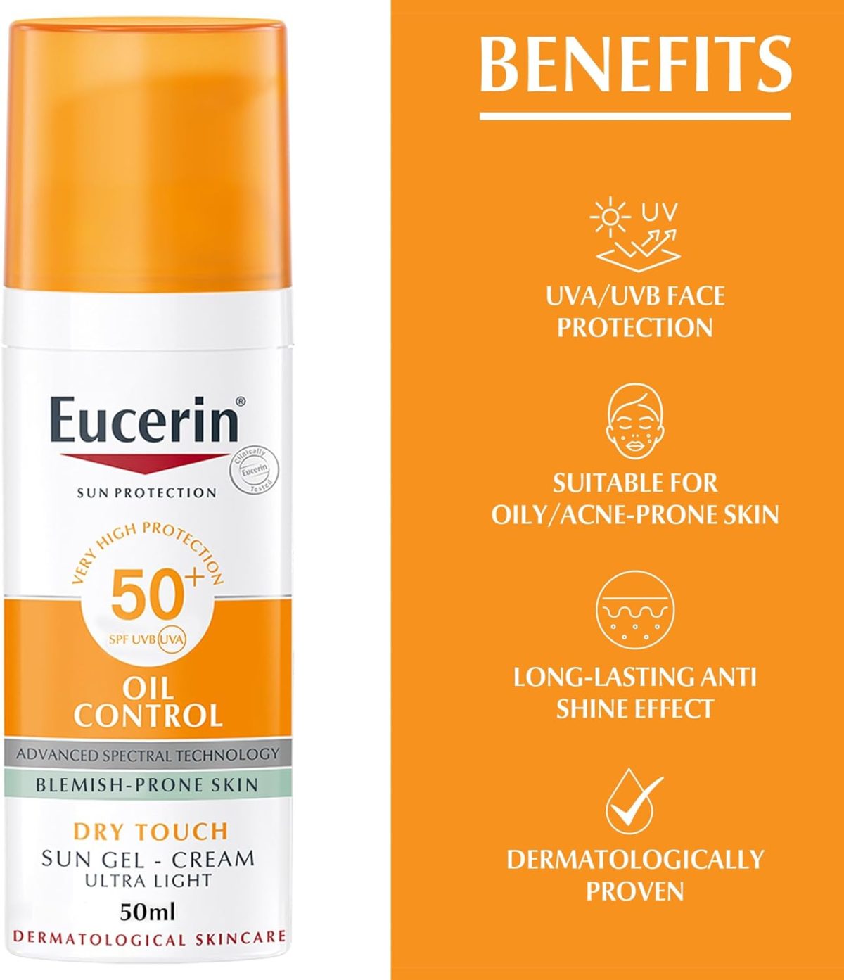 Eucerin Face Sunscreen Oil Control Gel Cream Dry Touch High UVAUVB SPF 50 Light Texture Sun Protection Suitable Under Make Up For Blemish Prone Skin 50ml