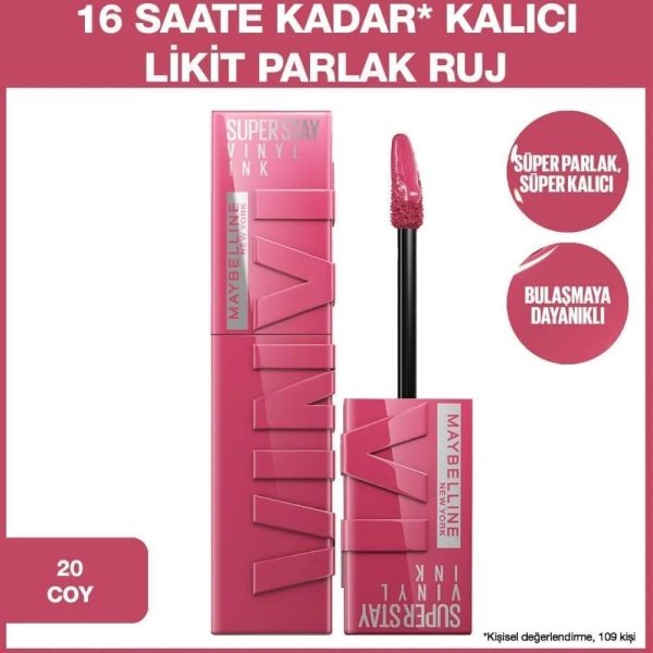 Maybelline New York Lip Colour Smudge free Long Lasting up to 16h Liquid Lipstick Shine Finish SuperStay Vinyl Ink 20 Coy