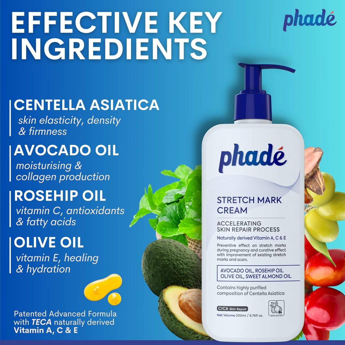 Phade Stretch Mark Cream with CICA for Pregnancy Scars Uneven Skin Tone Ageing 200ml