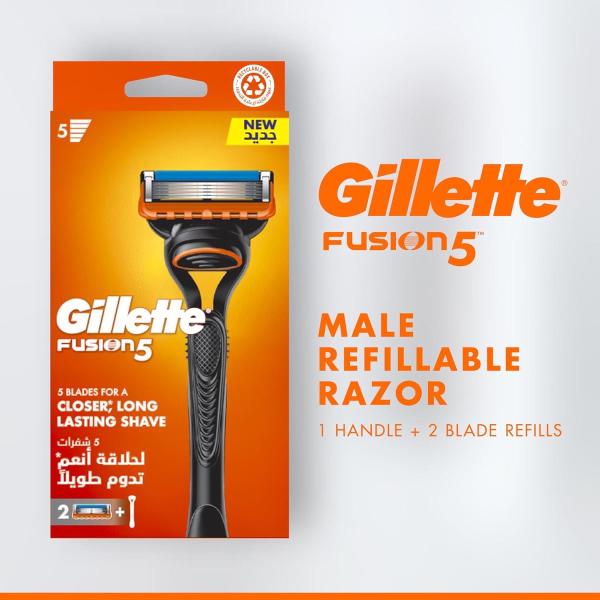 1733948696 Gillette Fusion5 Mens Refillable Razor Handle 2 Blade Refills