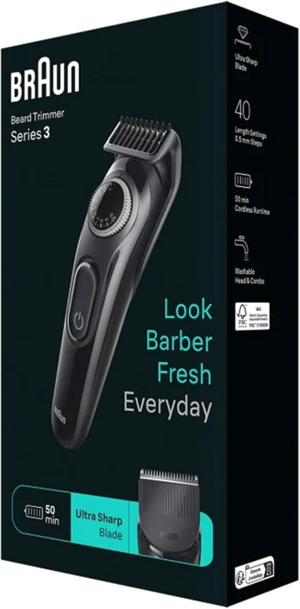 1733980862 Braun Beard Trimmer Series 3 3410 Electric Beard Trimmer For Men Incl. Ultra Sharp Blade 40 Length Settings Styling Tools Rechargeable 50 min Cordless Runtime Washable