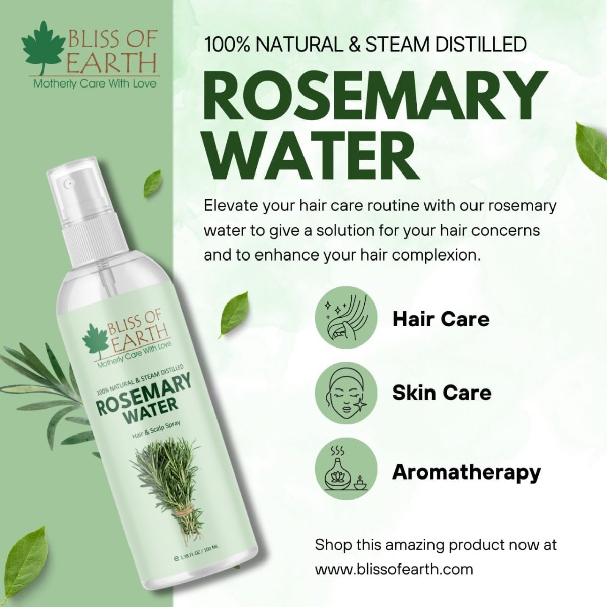 1734189123 Bliss of Earth Rosemary Water Spray For Hair Growth 100ml 100 Natural Steam Distilled Rosemary Water For Hair Skin Helps Reduce Hair fall Strengthens Hair