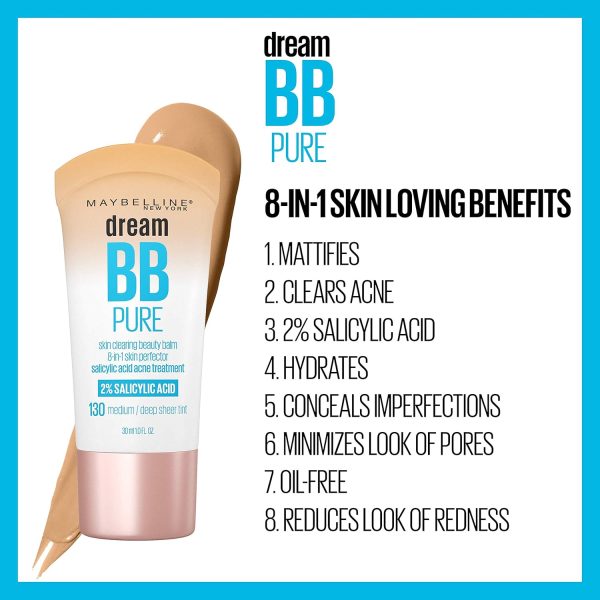 1734197610 Maybelline New York Dream Pure Skin Clearing BB Cream 8 in 1 Skin Perfecting Beauty Balm With 2 Salicylic Acid Sheer Tint Coverage Oil Free LightMedium 1 Count