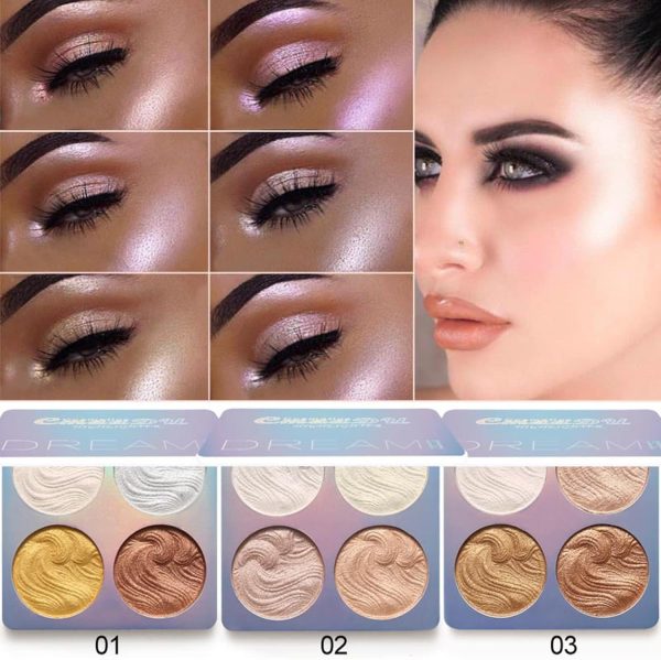 1734211309 4 in 1 Shimmer Highlighter Powder Palette Illuminator Powder Palette Highlighter Baked Waterproof Long Lasting Brilliant Lighten Skin Color Face Contour P