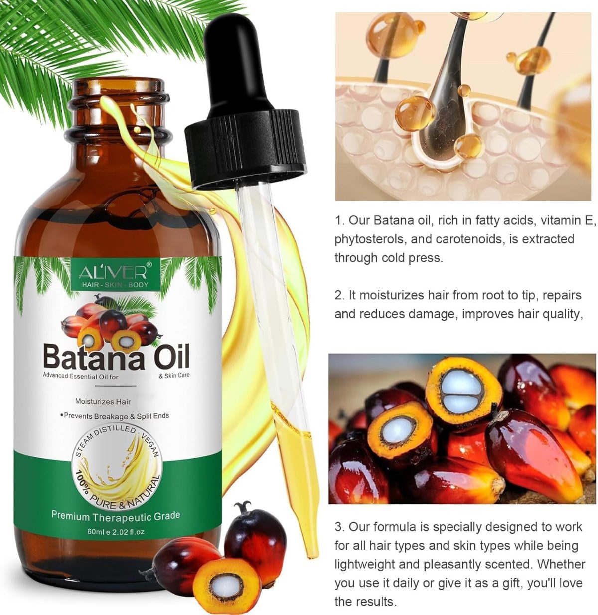 1734214664 ALIVER Batana Oil for Hair Growth Pure Organic Natural and Cold Pressed Hair Oil for Hydrating Repairing Dry Damaged Hair Skin Care Face