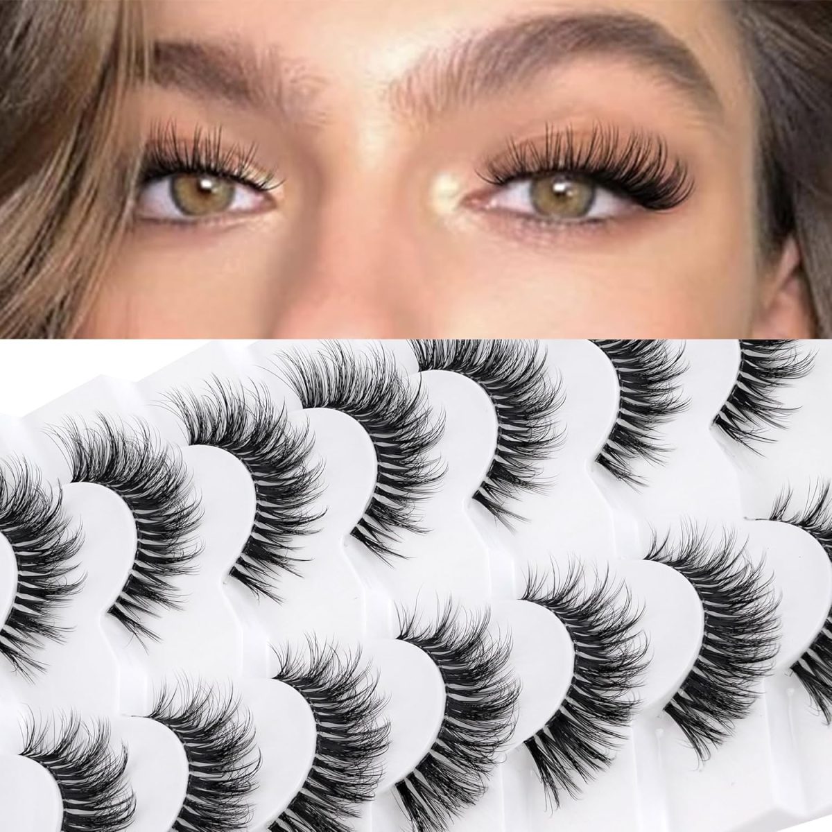 3D Clear Band False EyeLashes Soft Faux Mink Lashes Wispy Fluffy Eyelashes Natural Cat Eye Short Reusable 7 Pairs Happy Heartbeat No.219