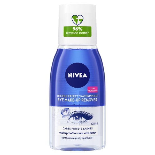 NIVEA Double Effect Waterproof Eye Make-Up Remover (125ml), Daily Use Face Cleanser for Make-Up and Mascara with Cornflower Extract and Biotin