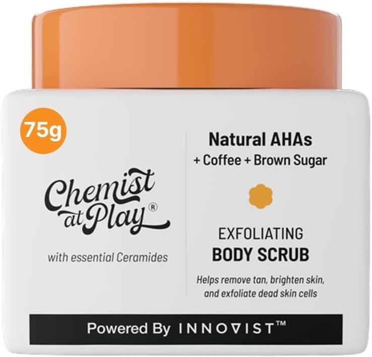 Chemist at Play Exfoliating Body Scrub For Removing Tan & Dead Skin Cells | Rough & Bumpy Skin, Tanned & Pigmented Skin | For Smooth, Soft & Bright Skin | Natural AHAs | Coffee | For Men & Women | 75