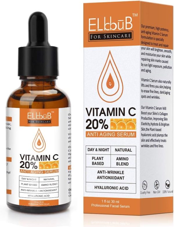 ELBBUB Premium 20% Vitamin C Serum For Face with Hyaluronic Acid, Retinol & Amino Acids - Boost Skin Collagen, Brighten Hydrate & Plump Skin, Anti Aging & Wrinkle Facial Serum