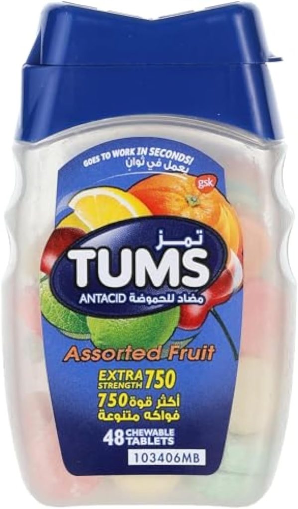 Tums Antacid Chewable Tablets, Extra Strength For Heartburn Relief & Indigestion, Assorted Fruit, 48 Tablets