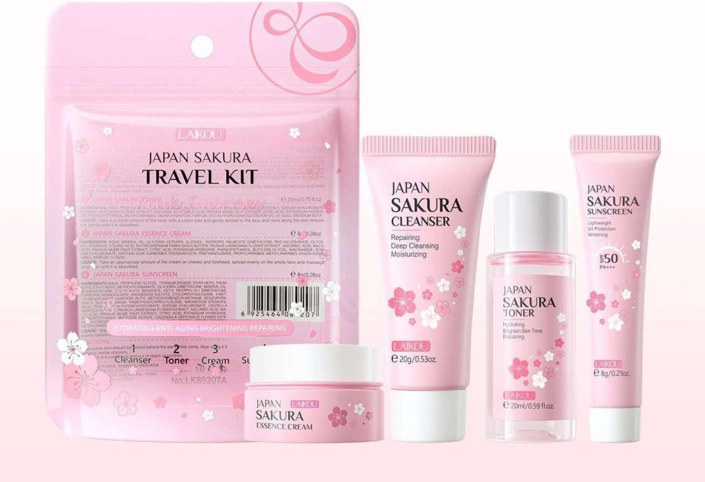 JAPAN SAKURA LAIKOU Skincare Travel Kit,1Set 4Pcs Skin Rejuvenating UV-Protective SPF50+ Sunscreen 8g & Nourishing Face Cream 8g & Brightening Toner 20ml & Mild Face Cleanser 20g Portable Skincare Set