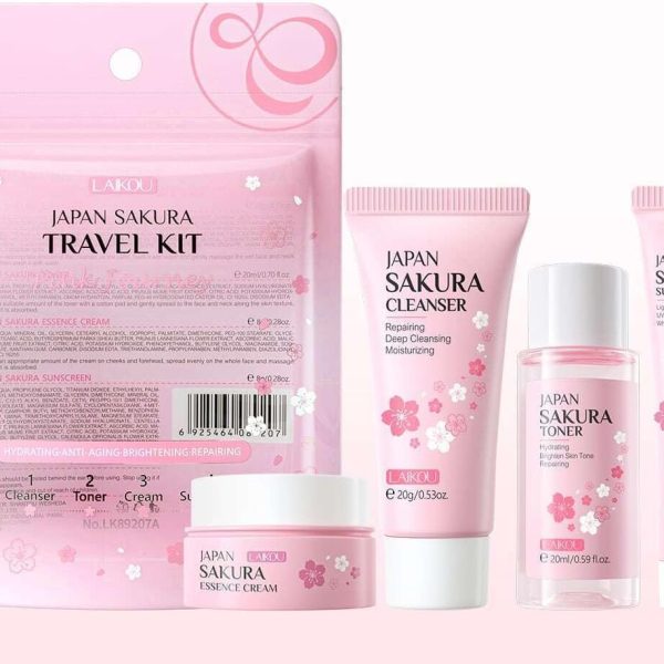 JAPAN SAKURA LAIKOU Skincare Travel Kit,1Set 4Pcs Skin Rejuvenating UV-Protective SPF50+ Sunscreen 8g & Nourishing Face Cream 8g & Brightening Toner 20ml & Mild Face Cleanser 20g Portable Skincare Set