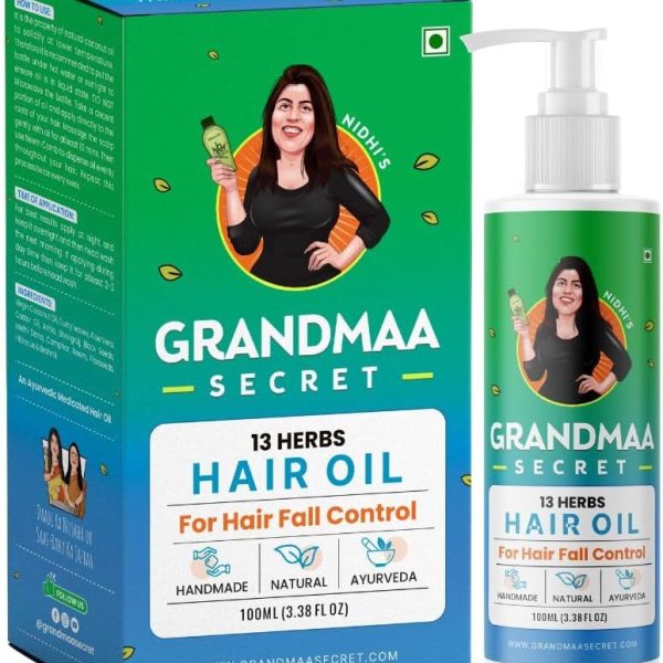 NIDHI’S GRANDMAA SECRET 13 Herbs Hair Oil - Handmade Natural Hair Oil with Coconut Oil, Curry Leaves, and more - Hair Fall Control Oil for Dry Damaged Hair - 100ML