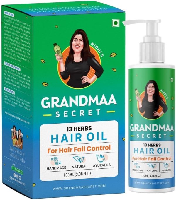 NIDHI’S GRANDMAA SECRET 13 Herbs Hair Oil - Handmade Natural Hair Oil with Coconut Oil, Curry Leaves, and more - Hair Fall Control Oil for Dry Damaged Hair - 100ML