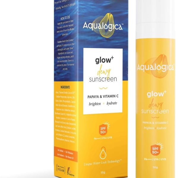 Aqualogica Glow+ Dewy Sunscreen SPF 50 PA+++ For UVA/B & Blue Light Protection, for Glowing & Well Protected Skin, Cream, 50G