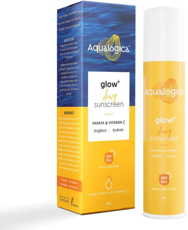 Aqualogica Glow+ Dewy Sunscreen SPF 50 PA+++ For UVA/B & Blue Light Protection, for Glowing & Well Protected Skin, Cream, 50G