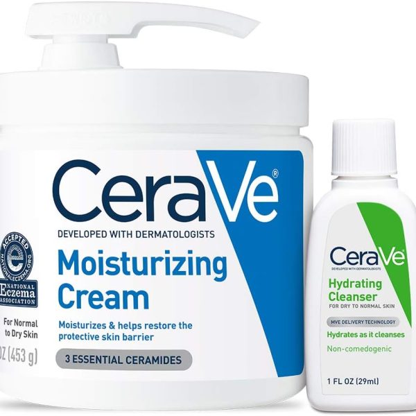 CeraVe Moisturizing Cream Combo Pack | Contains 16 Ounce with Pump & 1 Ounce Hydrating Facial Cleanser, Dry Skin Relief, Skin Care Gift Sets & Stocking Stuffers