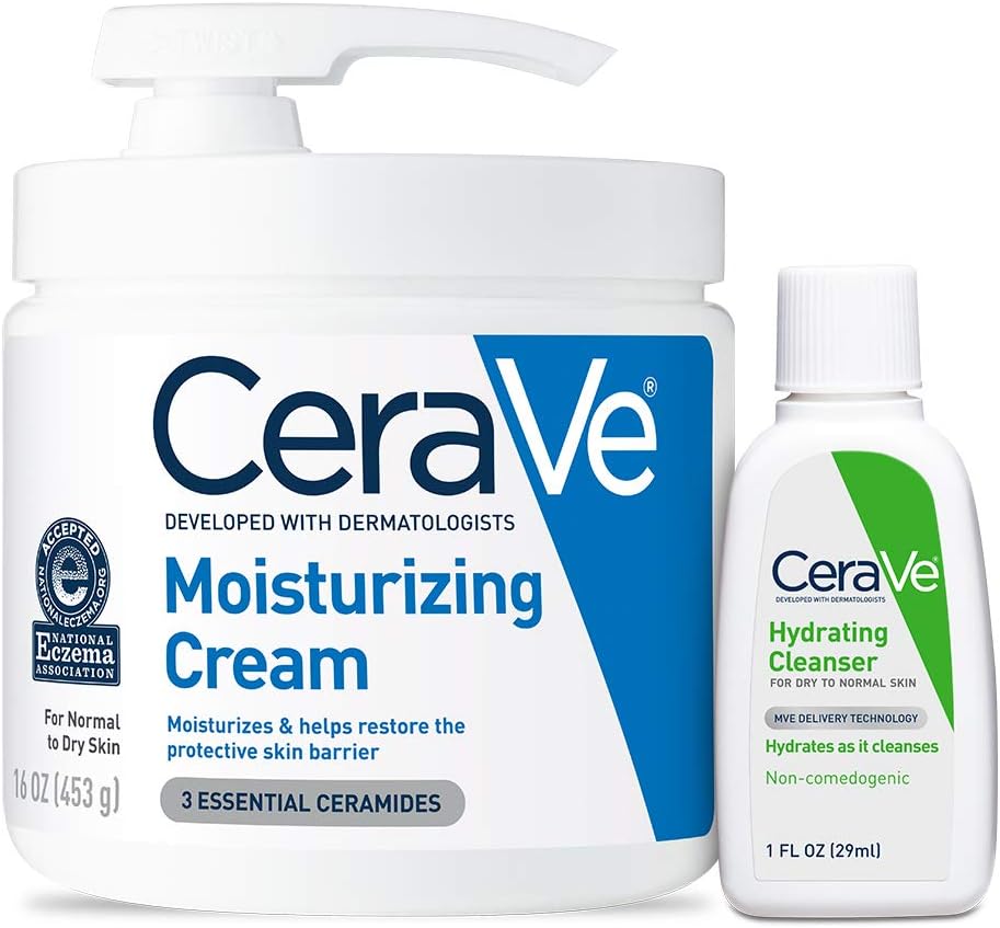 CeraVe Moisturizing Cream Combo Pack | Contains 16 Ounce with Pump & 1 Ounce Hydrating Facial Cleanser, Dry Skin Relief, Skin Care Gift Sets & Stocking Stuffers