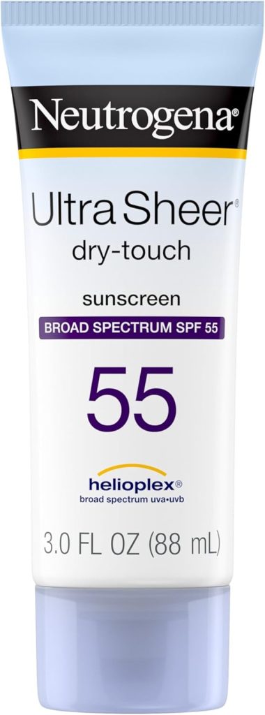 Neutrogena Ultra Sheer Dry-Touch Sunscreen Lotion, Broad Spectrum SPF 55 UVA/UVB Protection, Oxybenzone-Free, Light, Water Resistant, Non-Comedogenic & Non-Greasy, Travel Size, 3 fl. oz