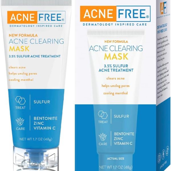 AcneFree Acne Clearing Mask, 3.5% Sulfur Acne Treatment, Absorbs Excess Oil and Unclogs Pores with Vitamin C, Bentonite, and Zinc, 1.7 Ounce