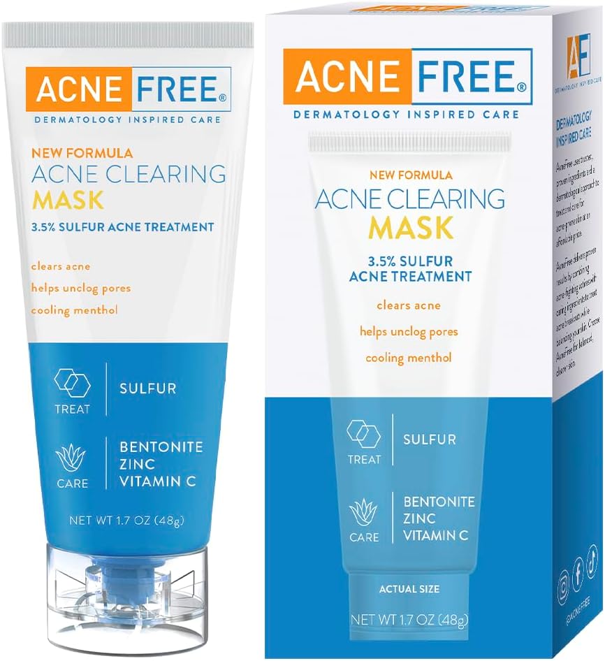 AcneFree Acne Clearing Mask, 3.5% Sulfur Acne Treatment, Absorbs Excess Oil and Unclogs Pores with Vitamin C, Bentonite, and Zinc, 1.7 Ounce