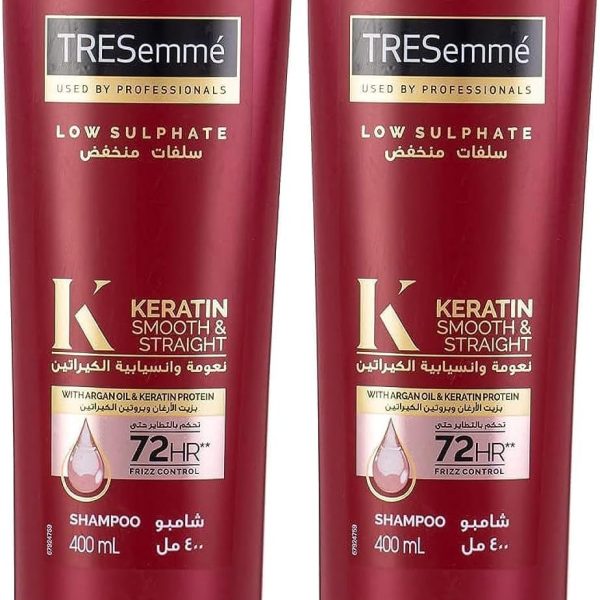 TRESemmé Keratin Smooth and Straight Shampoo with Argan Oil, Enjoy up to 72 hours of Frizz Control, 400ml, Pack of 2