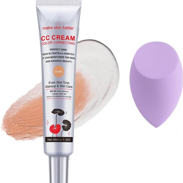 Color Correcting CC Cream With 1 Powder Puffs, Invisible Pores Cream Foundation And Invisible Pores Concealer,CC Cream Foundation Rich In Centella Asiatica, SPF 25 Sunscreen Moisturizing