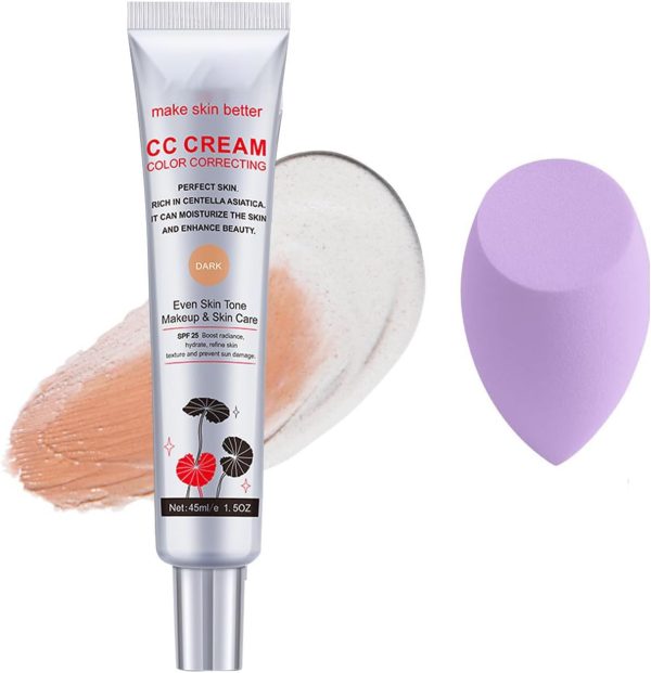 Color Correcting CC Cream With 1 Powder Puffs, Invisible Pores Cream Foundation And Invisible Pores Concealer,CC Cream Foundation Rich In Centella Asiatica, SPF 25 Sunscreen Moisturizing