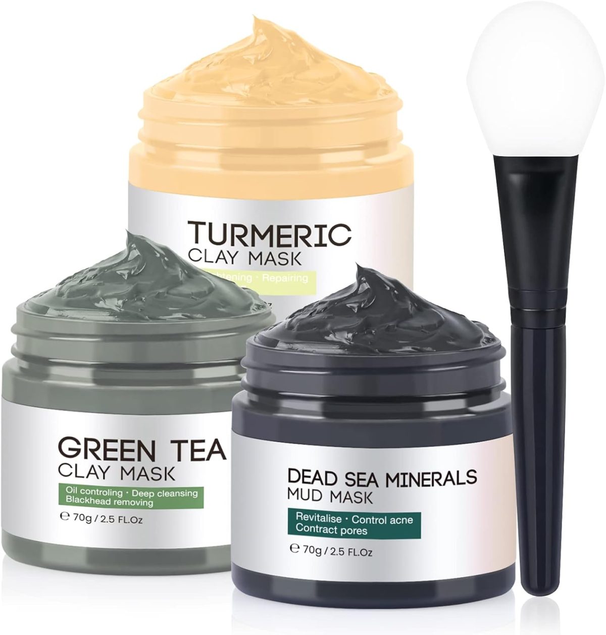 Turmeric Vitamin C Clay Face Mask, Dead Sea Mud Mask, Green Tea Clay Mask, Facial Skin Care Sets for Women&Men, Facial Mask for Oil Control, Deep Cleaning, Reduce Blackheads and Acne/2.5 OZ each