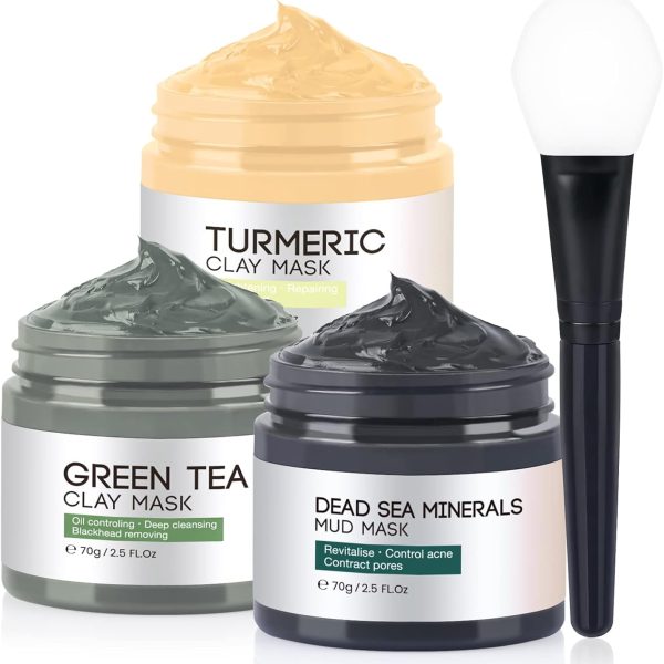 Turmeric Vitamin C Clay Face Mask, Dead Sea Mud Mask, Green Tea Clay Mask, Facial Skin Care Sets for Women&Men, Facial Mask for Oil Control, Deep Cleaning, Reduce Blackheads and Acne/2.5 OZ each