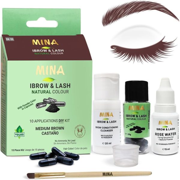 Mina ibrow & Lash Medium Brown | Long Lasting Natural Spot coloring and Hair Tinting Powder, Water and Smudge Proof | No Ammonia, No Lead with Up to 10 Applications