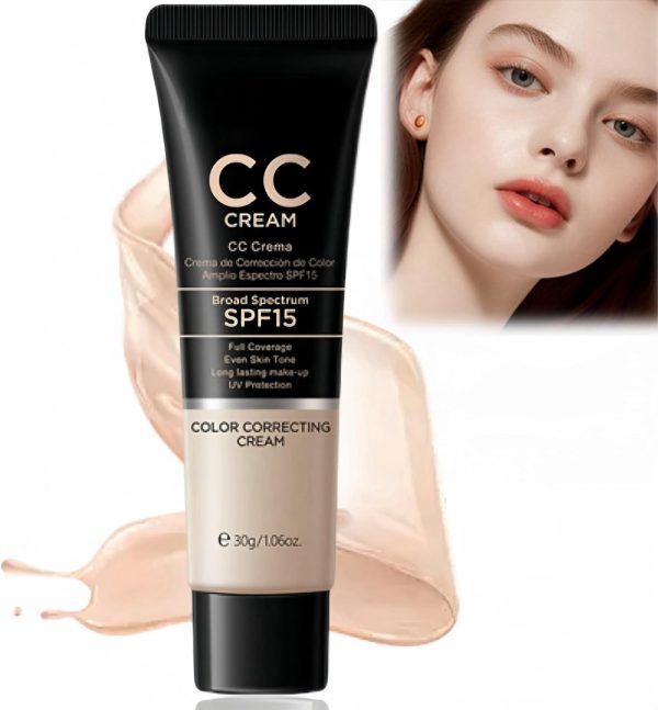 TERRIFI Colour Correcting Cream with SPF 15, Anti-Redness Full Coverage CC Foundation, All-In-One for Mature Skin, Skin Tone Adjusting CC Cream with Sunscreen, Hydrating and Lightweight Formula