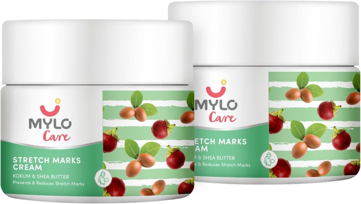 Mylo Care Stretch Marks Cream for Pregnancy with the Goodness of Shea Butter, Saffron, Kokum Butter and Aloe Vera, Australia Certified Toxin Free, No Mineral Oils - 100ml + 100ml (Pack of 2)