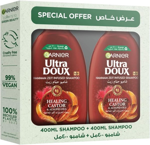 Garnier Ultra Doux Healing Castor & Almond Oil Twin Pack Shampoo 400ml + Shampoo 400ml