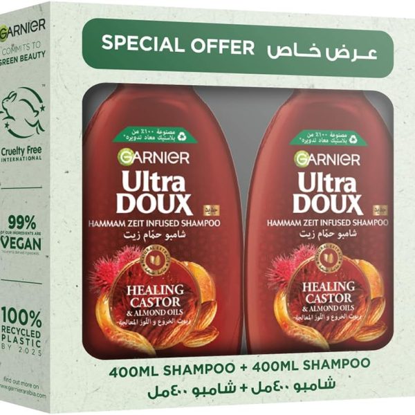 Garnier Ultra Doux Healing Castor & Almond Oil Twin Pack Shampoo 400ml + Shampoo 400ml