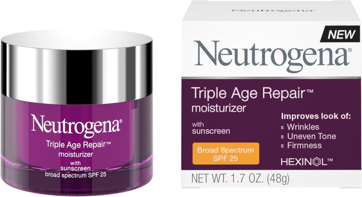 Neutrogena Triple Age Repair Anti-Aging Face Moisturizer with SPF 25 Sunscreen & Vitamin C, Dark Spot Remover & Firming Face & Neck Cream with Glycerin & Shea Butter, 1.7 oz