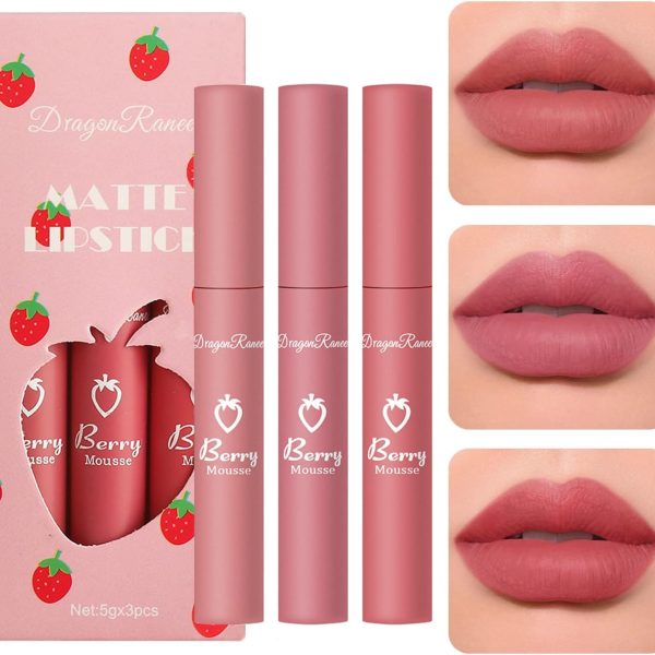 SZYYQ 3 Piece Nude Matte Lipstick Set, Natural Nude Lipstick, Velvet Air Moisture Smooth Crayon Lip Stain, Matte Lip Gloss Lipstick, 24 Hour Waterproof Superstay, for Women Makeup(Set C)