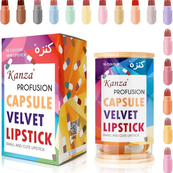 KANZA - 16 Colors Mini Lipstick Set, Capsule Matte Lipsticks, Waterproof Long Lasting Mini Capsules Velvet Lipstick Set, Pill Shaped Lipsticks, Lip Gloss Pack For Women (16 PCS)