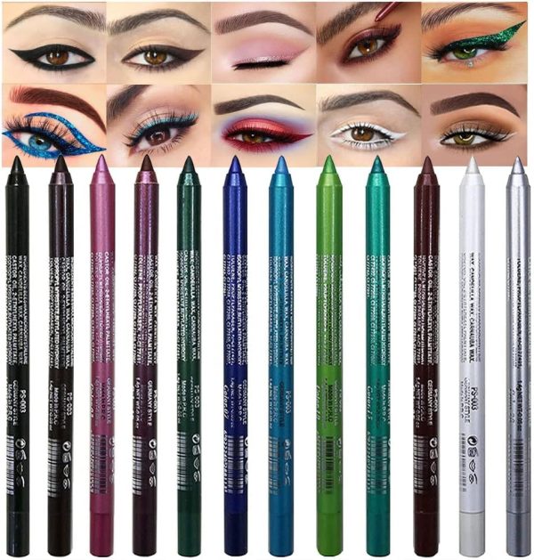 SYOSI Eyeliner Pen Set, Eye Shadow Pencil, Green Blue Brown White Colored Gel Glitter Eyeliner Pencils Pen Set Multicolor delineators for Women Eye Lip Liner Professional Waterproof Smudge Proof 12Pcs