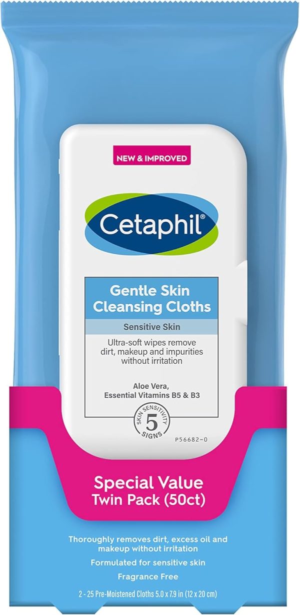 Cetaphil Face and Body Wipes, Gentle Skin Cleansing Cloths, 50 Count, Twin Pack, for Dry, Sensitive Skin, Flip Top Closure, Great for the Gym,Travel, in the Car, Hypoallergenic, Fragrance Free