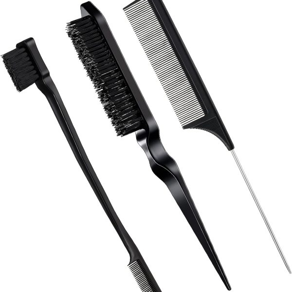 Geiserailie 3 Pcs Slick Back Hair Brush Set Bristle Hair Brush Edge Control Brush Teasing Comb for Women Black Hair(Black)