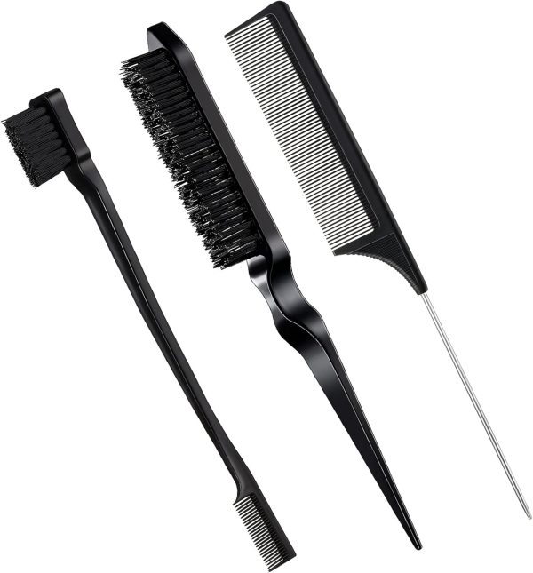 Geiserailie 3 Pcs Slick Back Hair Brush Set Bristle Hair Brush Edge Control Brush Teasing Comb for Women Black Hair(Black)