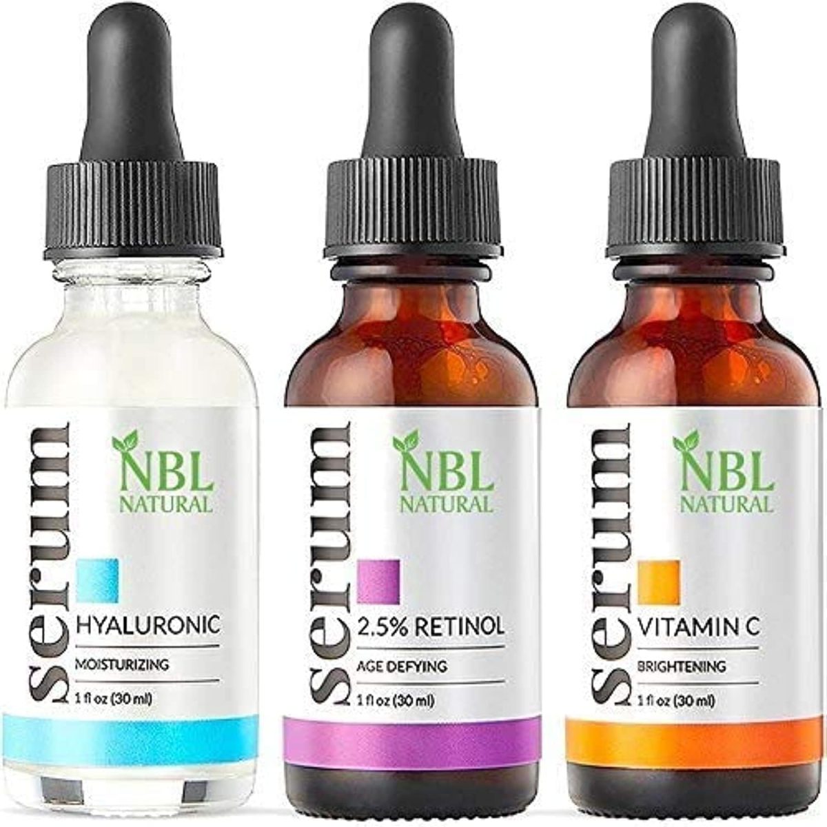 NBL NATURAL Anti Aging Set with Vitamin C Retinol and Hyaluronic Acid Serum for Anti Wrinkle and Dark Circle Remover All Natural and Moisturizing (3 x 30 ML)