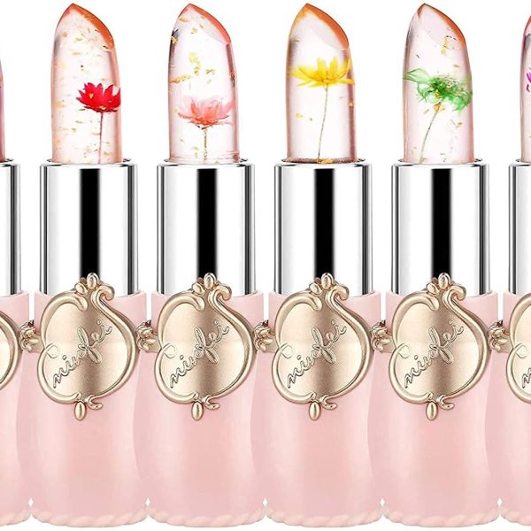 ORiTi Pack of 6 Crystal Flower Jelly Lipstick, FirstFly Long Lasting Nutritious Lip Balm Lips Moisturizer Magic Temperature Color Change Lip Gloss (Pink)